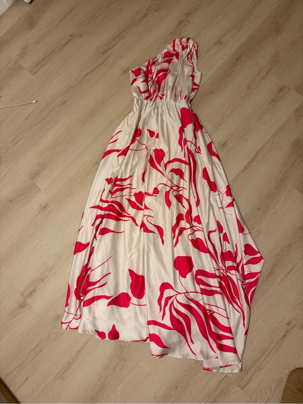 One-Shoulder White Dress with Pink Floral Print